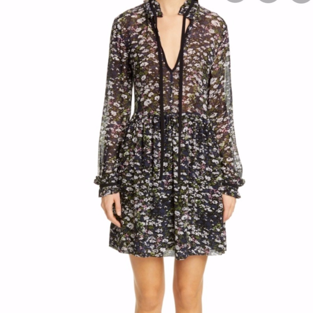 GANNI Bow Neck Floral-Print Georgette Mini Dress; Size 36